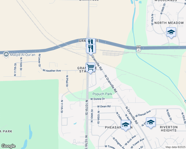 map of restaurants, bars, coffee shops, grocery stores, and more near 8628-8630 North 107th Street in Milwaukee