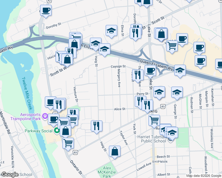 map of restaurants, bars, coffee shops, grocery stores, and more near 57 Shakespeare Avenue in Saint Catharines