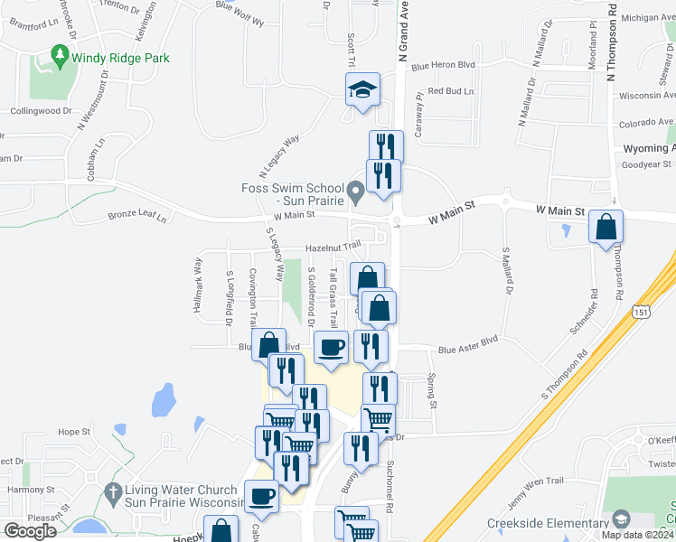 map of restaurants, bars, coffee shops, grocery stores, and more near 243 Tall Grass Trail in Sun Prairie