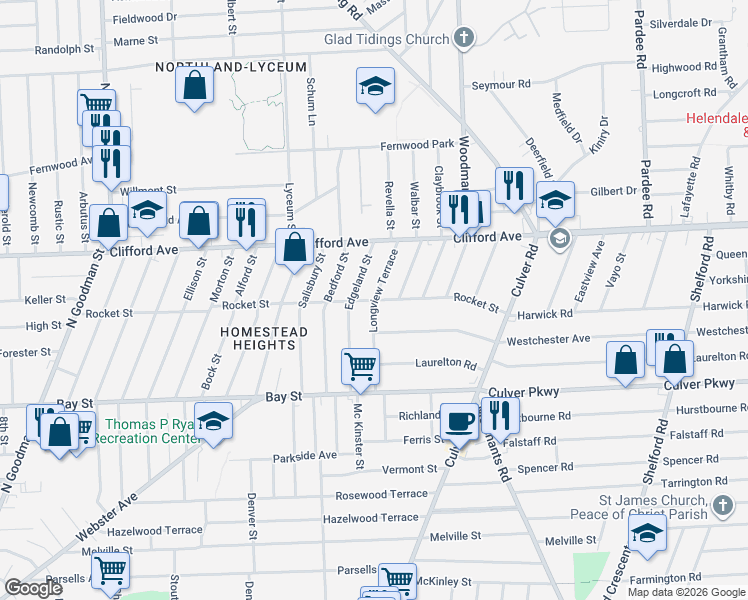 map of restaurants, bars, coffee shops, grocery stores, and more near Rocket Street & Longview Terrace in Rochester