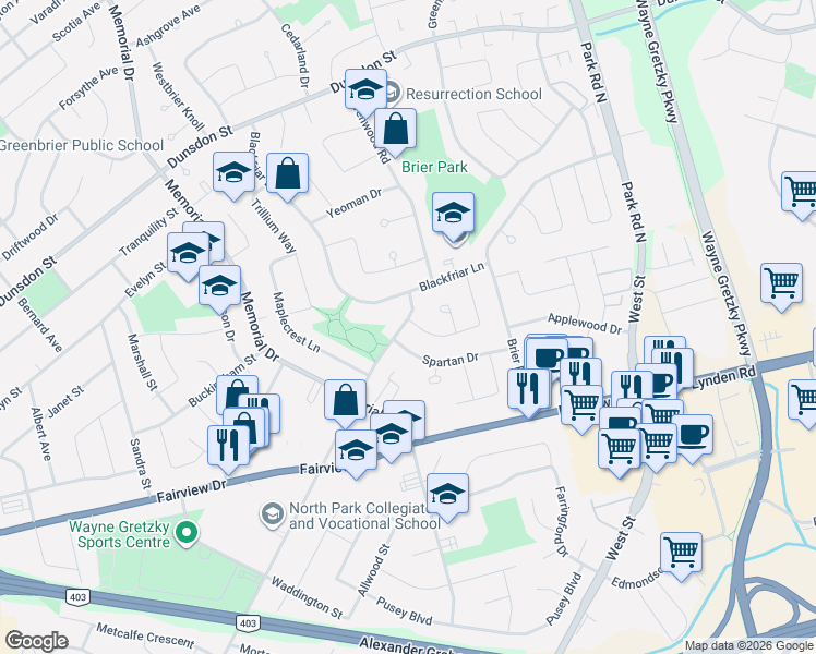 map of restaurants, bars, coffee shops, grocery stores, and more near 408 North Park Street in Brantford