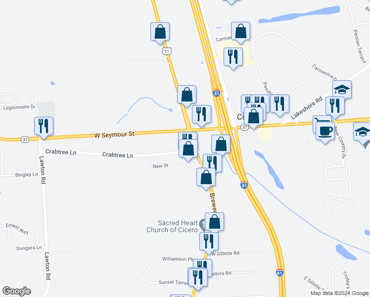 map of restaurants, bars, coffee shops, grocery stores, and more near 5775 Crabtree Lane in Cicero