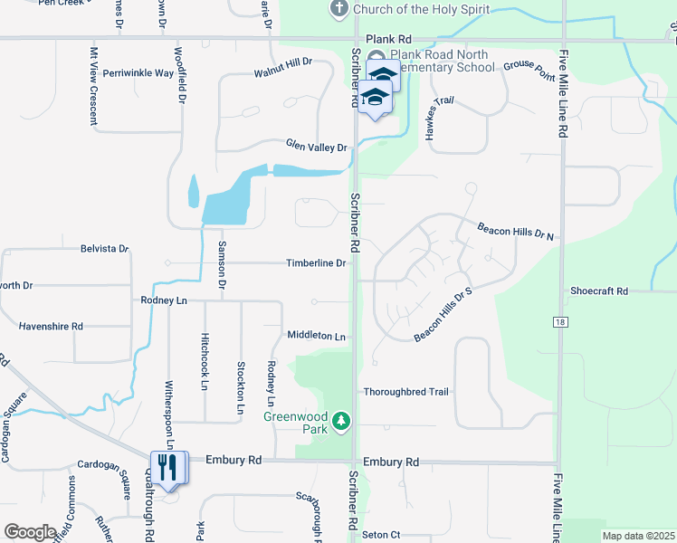 map of restaurants, bars, coffee shops, grocery stores, and more near 10 Timberline Drive in Penfield