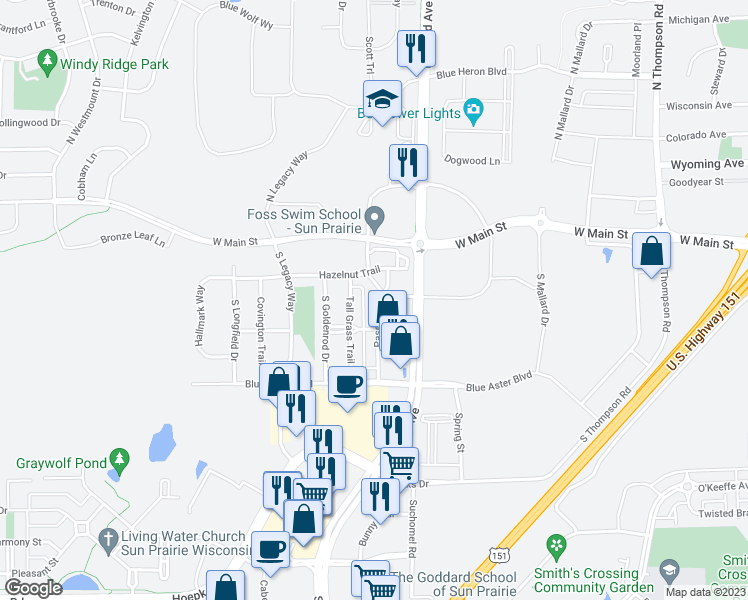 map of restaurants, bars, coffee shops, grocery stores, and more near 248 Pasque Street in Sun Prairie