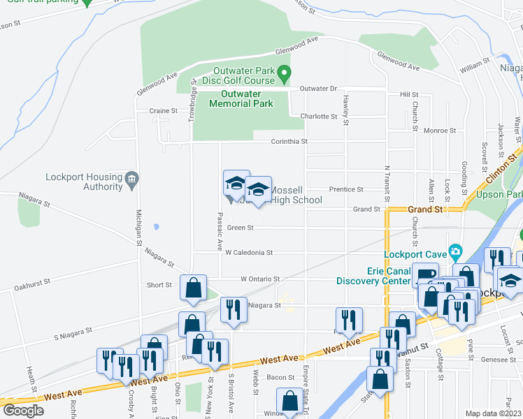 map of restaurants, bars, coffee shops, grocery stores, and more near 389 Green Street in Lockport