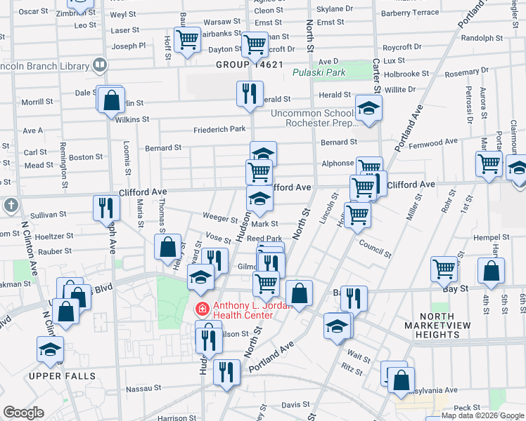 map of restaurants, bars, coffee shops, grocery stores, and more near 25 Watkin Terrace in Rochester