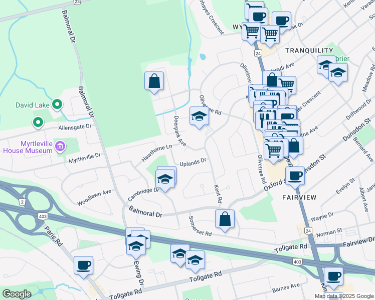 map of restaurants, bars, coffee shops, grocery stores, and more near 17 Deerpark Avenue in Brantford