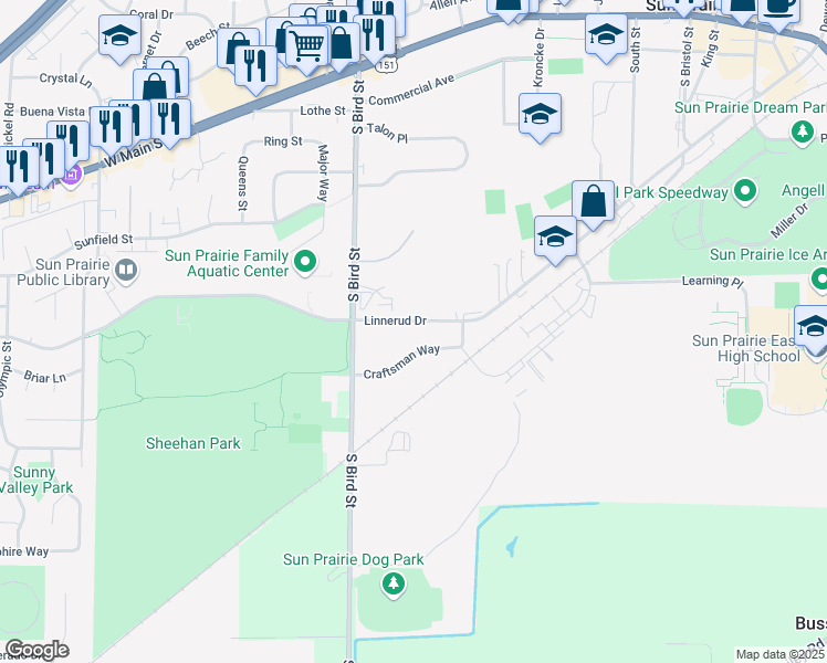 map of restaurants, bars, coffee shops, grocery stores, and more near 601 Linnerud Drive in Sun Prairie