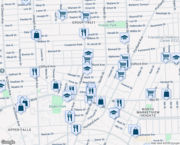 map of restaurants, bars, coffee shops, grocery stores, and more near 33 Watkin Terrace in Rochester