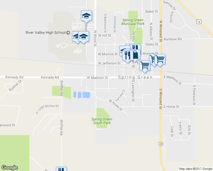 map of restaurants, bars, coffee shops, grocery stores, and more near 270 South Baltimore Street in Spring Green