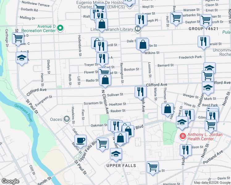 map of restaurants, bars, coffee shops, grocery stores, and more near 447 Clifford Avenue in Rochester