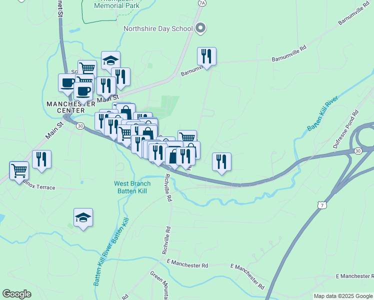 map of restaurants, bars, coffee shops, grocery stores, and more near 105 Highland Ave in Manchester