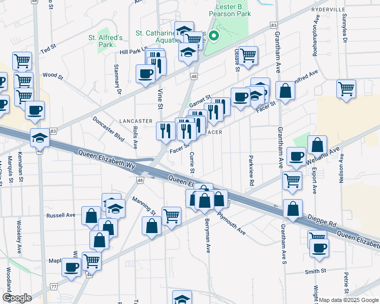 map of restaurants, bars, coffee shops, grocery stores, and more near 27 Currie Street in Saint Catharines
