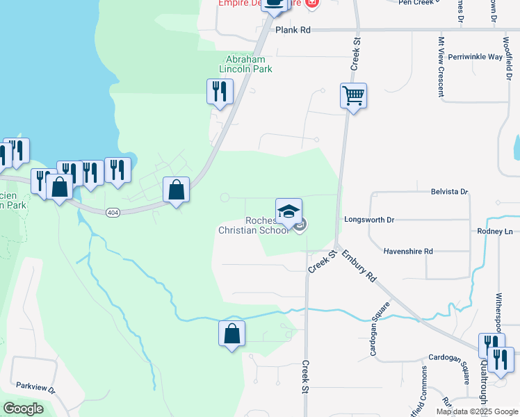 map of restaurants, bars, coffee shops, grocery stores, and more near 475 Manse Lane in Rochester