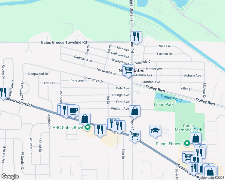map of restaurants, bars, coffee shops, grocery stores, and more near 97 Cole Avenue in Rochester