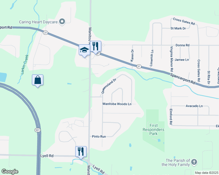 map of restaurants, bars, coffee shops, grocery stores, and more near 83 Queensland Dr in Spencerport