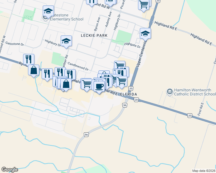 map of restaurants, bars, coffee shops, grocery stores, and more near 2251 Rymal Road East in Hamilton