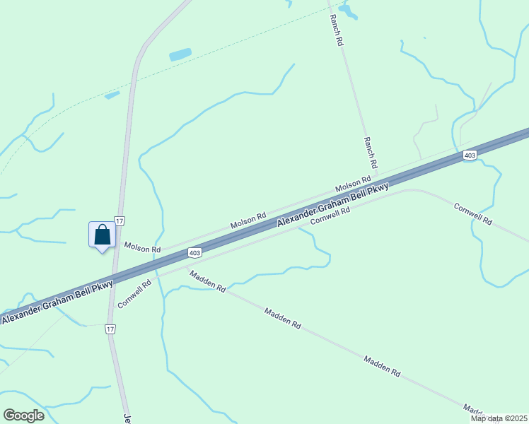 map of restaurants, bars, coffee shops, grocery stores, and more near 46 Molson Road in Brantford