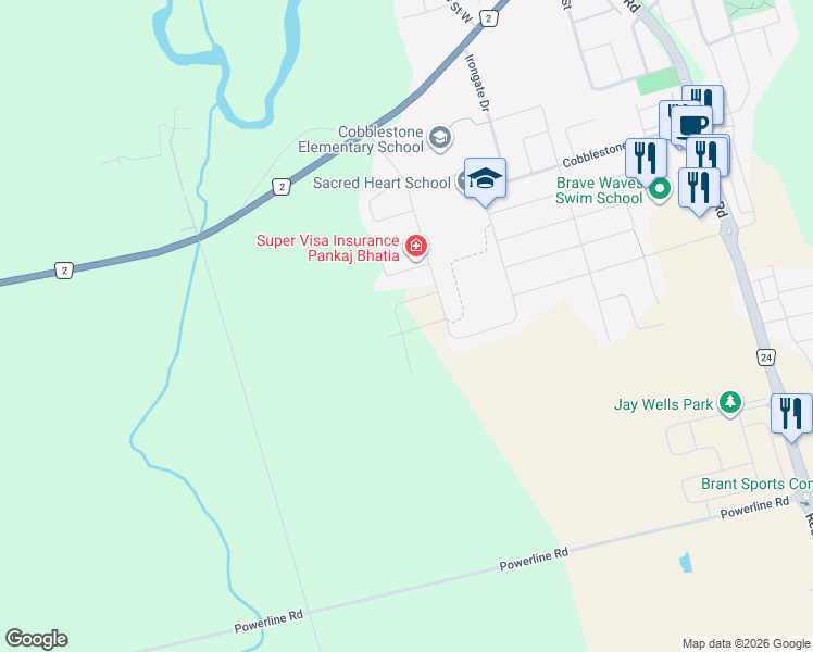 map of restaurants, bars, coffee shops, grocery stores, and more near 113 Bean Street in Brant County