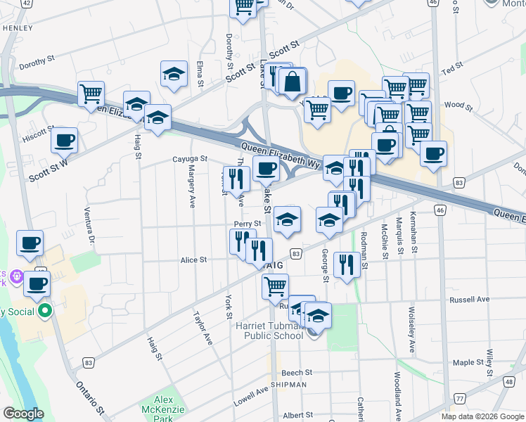 map of restaurants, bars, coffee shops, grocery stores, and more near 291 Lake Street in Saint Catharines