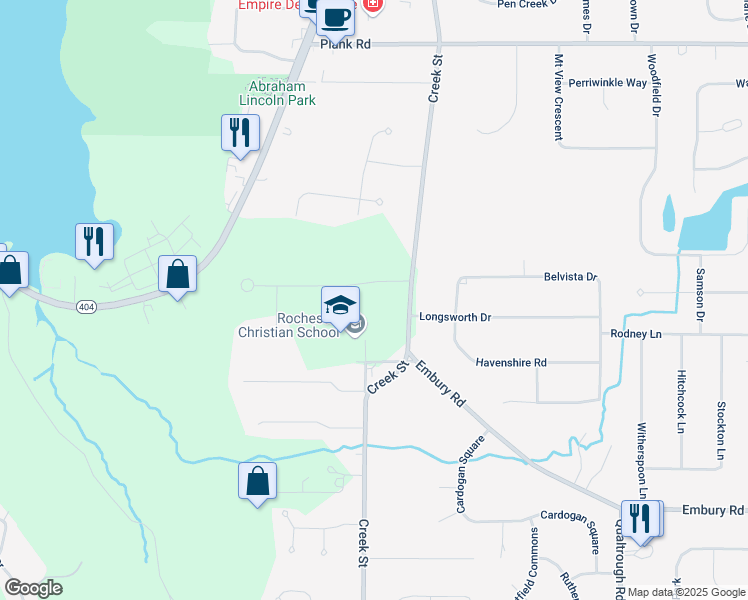 map of restaurants, bars, coffee shops, grocery stores, and more near 493 Manse Lane in Rochester