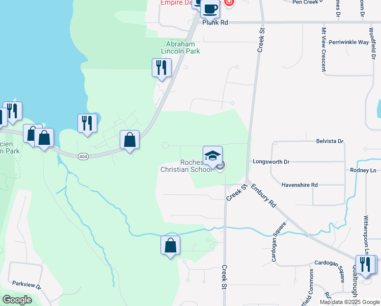map of restaurants, bars, coffee shops, grocery stores, and more near 475 Manse Lane in Rochester