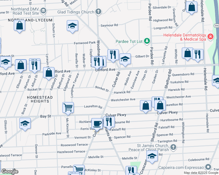 map of restaurants, bars, coffee shops, grocery stores, and more near 1565 Culver Road in Rochester