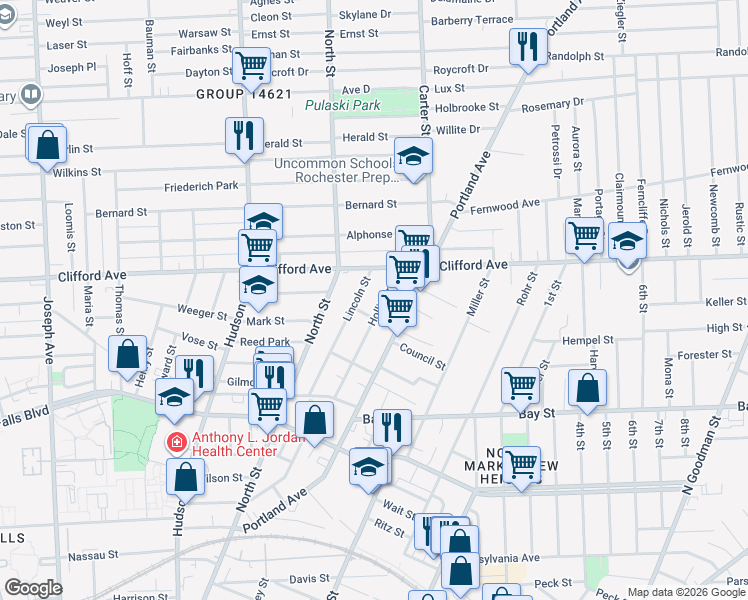 map of restaurants, bars, coffee shops, grocery stores, and more near 77 Hollister Street in Rochester