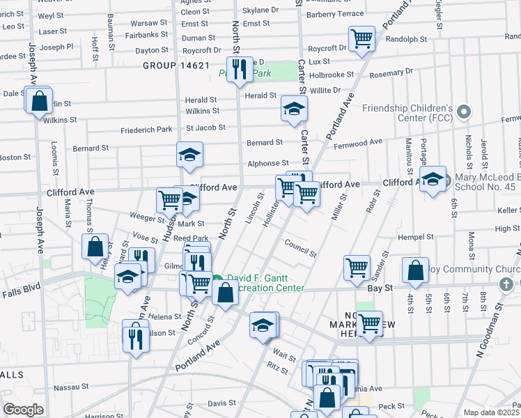 map of restaurants, bars, coffee shops, grocery stores, and more near 77 Hollister Street in Rochester
