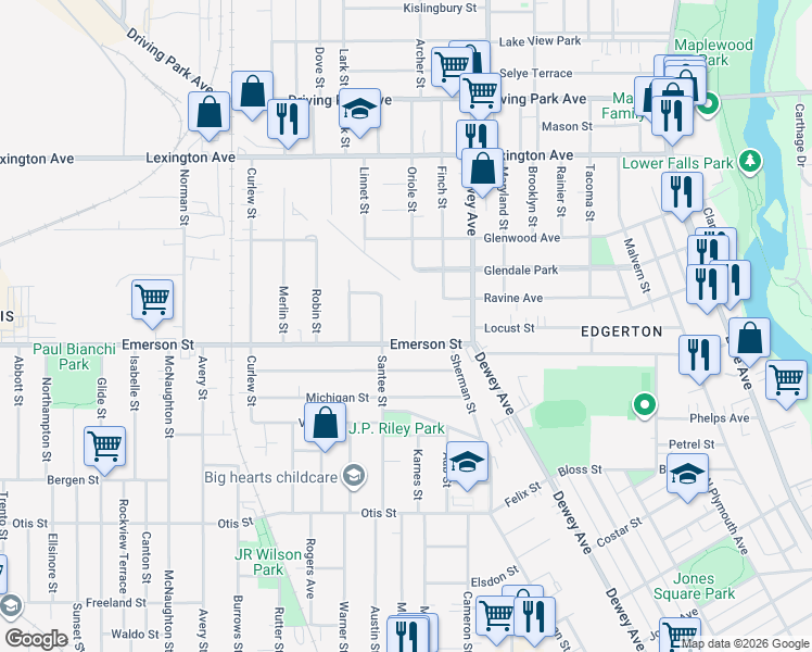 map of restaurants, bars, coffee shops, grocery stores, and more near 28 Plover Street in Rochester