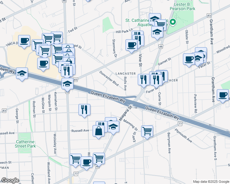 map of restaurants, bars, coffee shops, grocery stores, and more near in St. Catharines