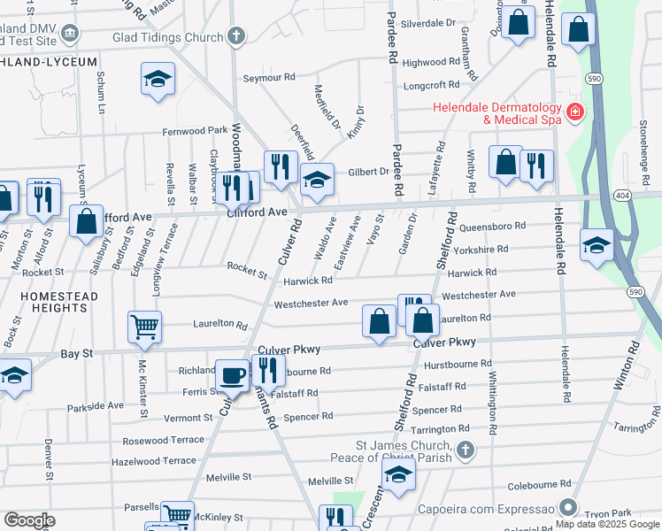 map of restaurants, bars, coffee shops, grocery stores, and more near 19 Eastview Ave in Rochester