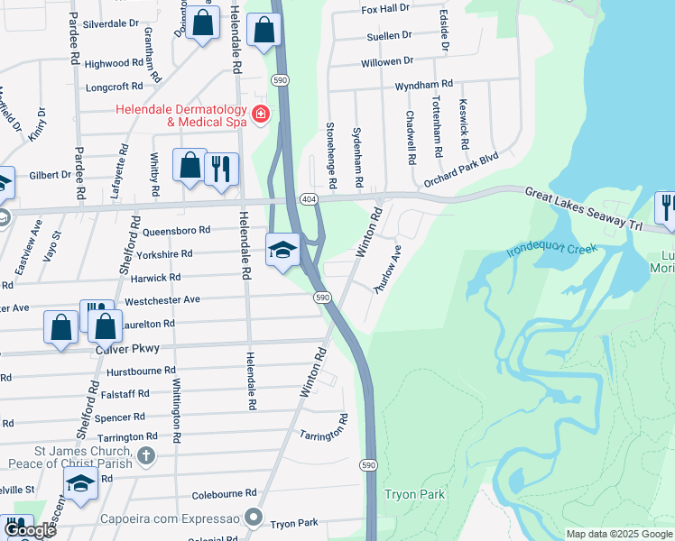 map of restaurants, bars, coffee shops, grocery stores, and more near 1509 Winton Road North in Irondequoit