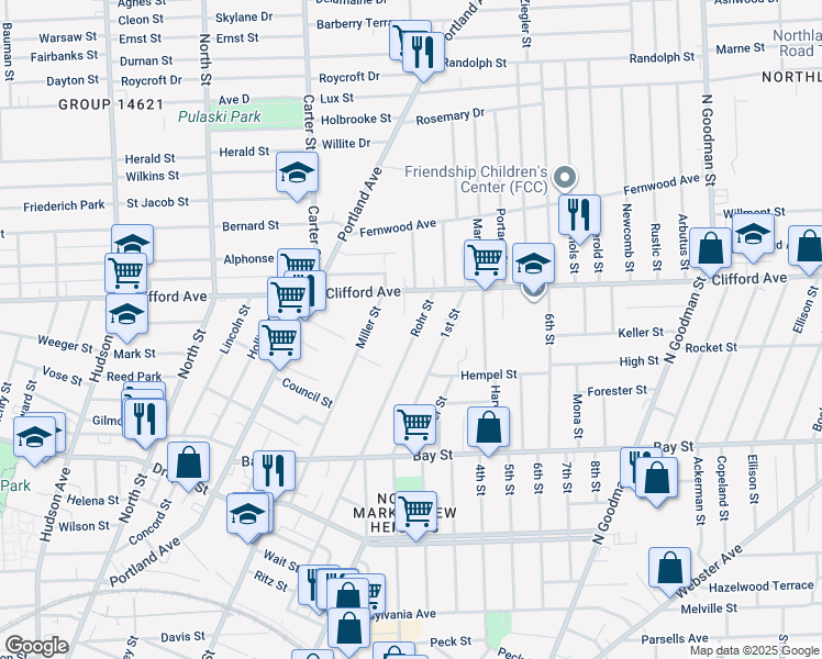 map of restaurants, bars, coffee shops, grocery stores, and more near 189 Rohr Street in Rochester