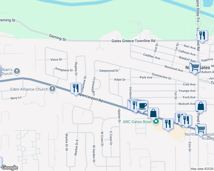 map of restaurants, bars, coffee shops, grocery stores, and more near 29 Bobbie Drive in Rochester