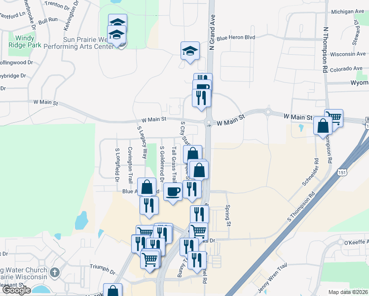 map of restaurants, bars, coffee shops, grocery stores, and more near 228 Pasque Street in Sun Prairie