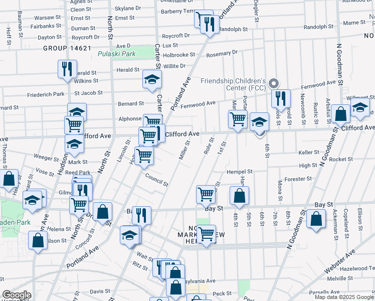 map of restaurants, bars, coffee shops, grocery stores, and more near 74 Miller Street in Rochester