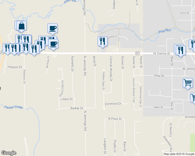 map of restaurants, bars, coffee shops, grocery stores, and more near 11420 Wing Drive in Clio