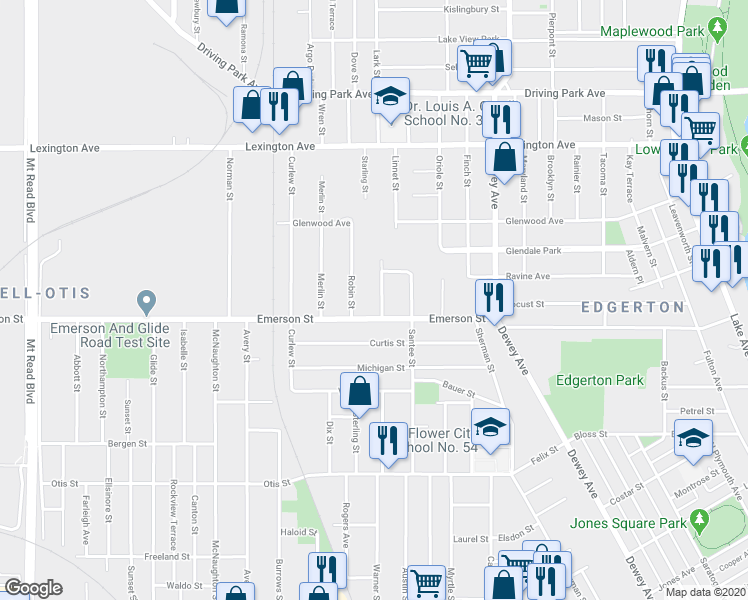 map of restaurants, bars, coffee shops, grocery stores, and more near 8 Kestrel Street in Rochester