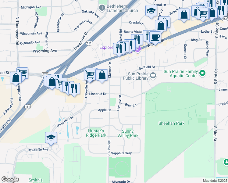 map of restaurants, bars, coffee shops, grocery stores, and more near 1616 Linnerud Dr in Sun Prairie