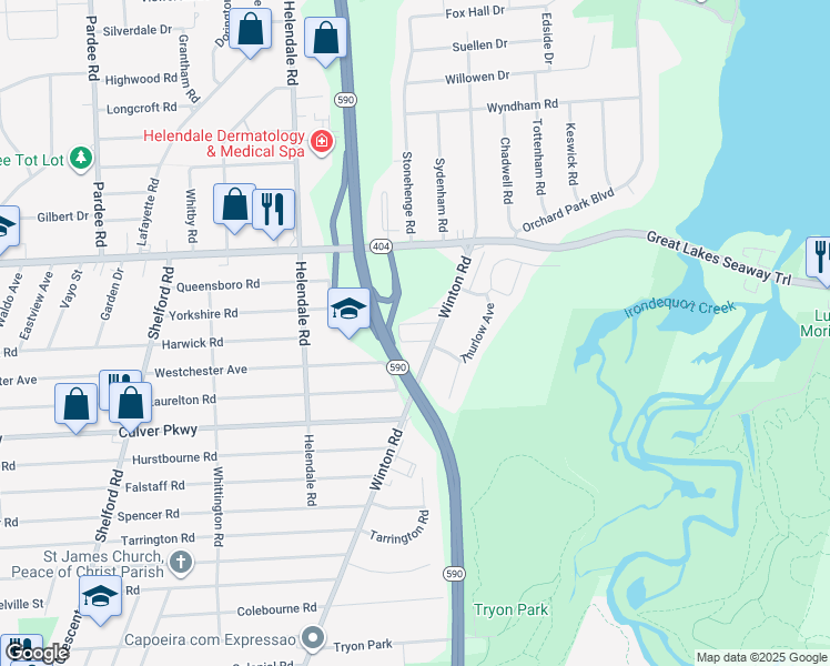 map of restaurants, bars, coffee shops, grocery stores, and more near 1515 Winton Road North in Rochester