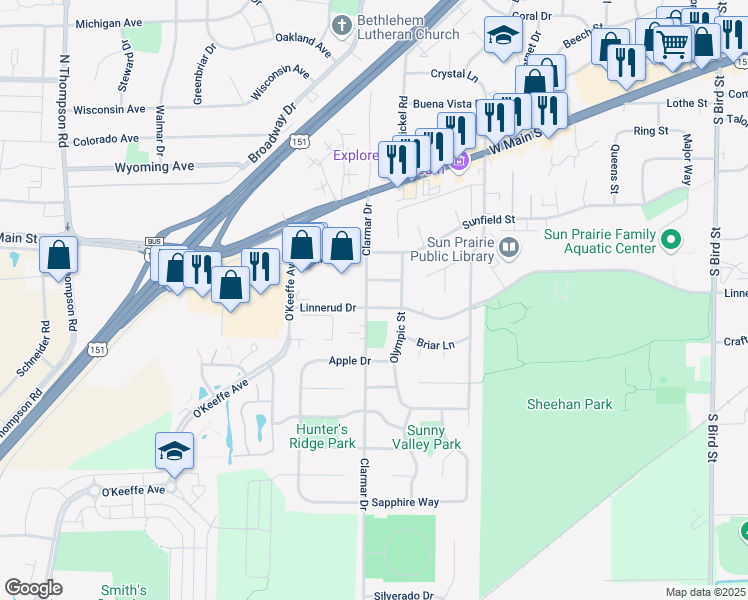 map of restaurants, bars, coffee shops, grocery stores, and more near 1616 Linnerud Drive in Sun Prairie