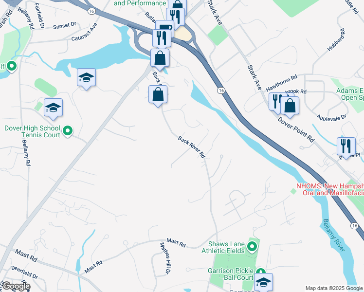 map of restaurants, bars, coffee shops, grocery stores, and more near 43 Back River Road in Dover