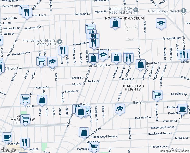 map of restaurants, bars, coffee shops, grocery stores, and more near 180 Winterroth Street in Rochester