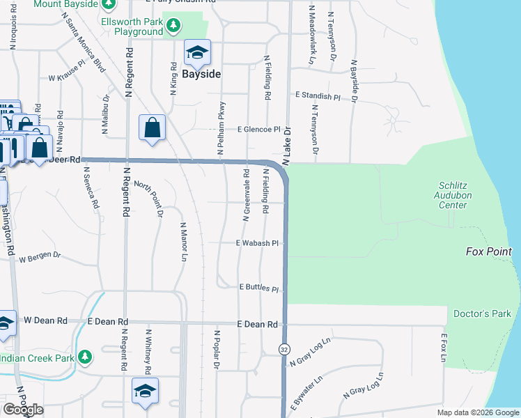 map of restaurants, bars, coffee shops, grocery stores, and more near 8675 North Fielding Road in Bayside