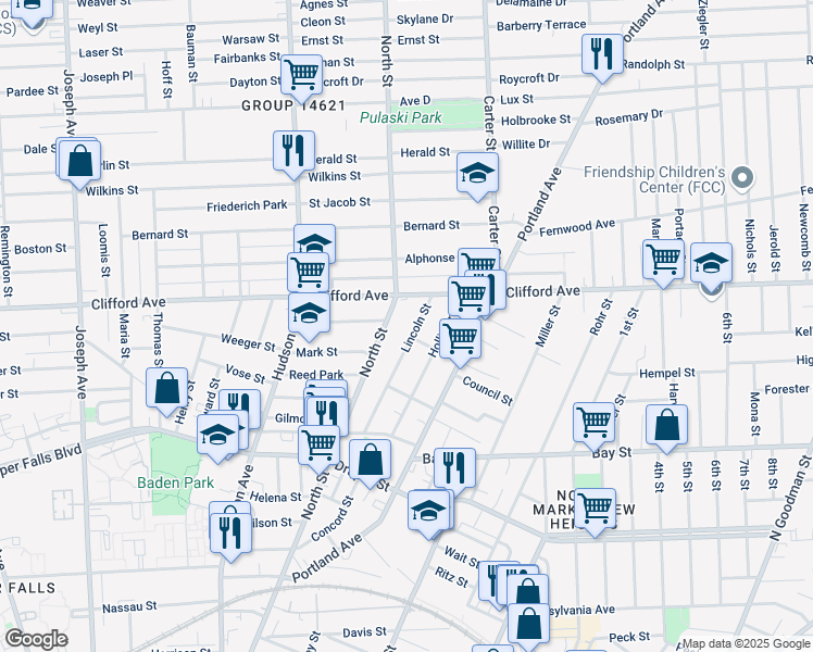 map of restaurants, bars, coffee shops, grocery stores, and more near 159 Lincoln Street in Rochester
