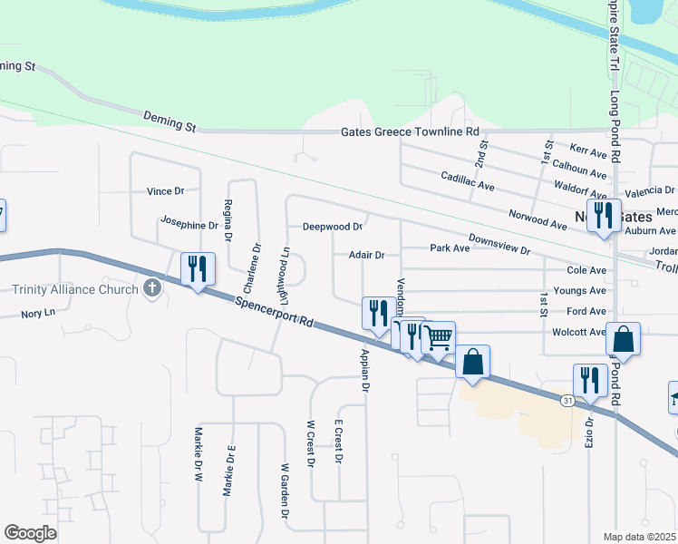 map of restaurants, bars, coffee shops, grocery stores, and more near 22 Bobbie Drive in Rochester