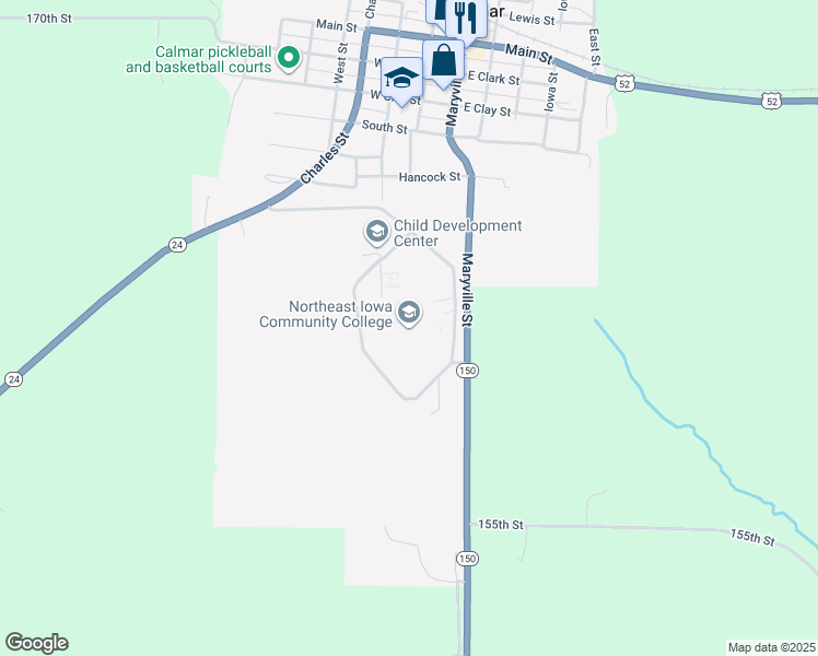 map of restaurants, bars, coffee shops, grocery stores, and more near 1625 Iowa 150 in Calmar