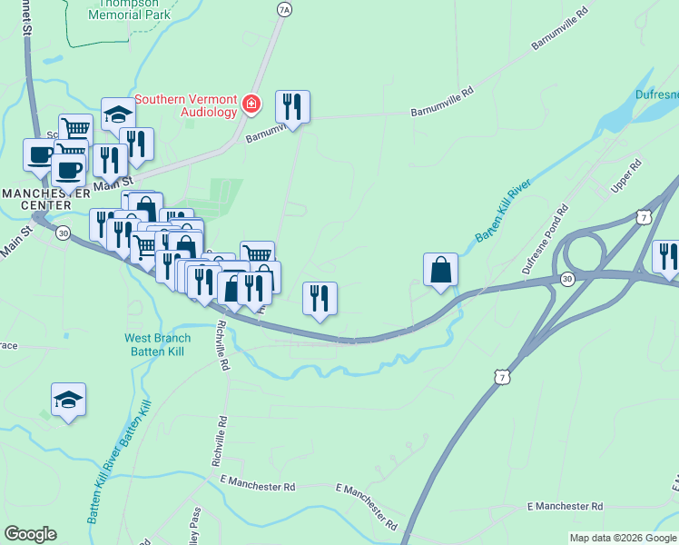 map of restaurants, bars, coffee shops, grocery stores, and more near 117 Eagle Nest Road in Manchester