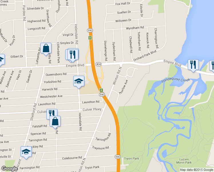 map of restaurants, bars, coffee shops, grocery stores, and more near 1509 Winton Road North in Irondequoit